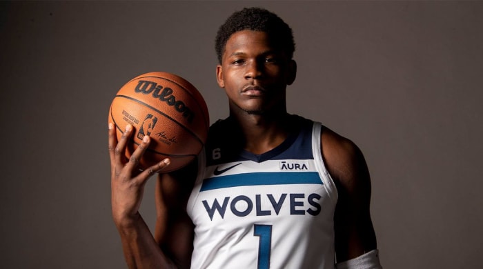 Sep 26, 2022; Minneapolis, MN, USA; Minnesota Timberwolves forward Anthony Edwards (1) poses for photographs on 2022-23 NBA season media day for the team.